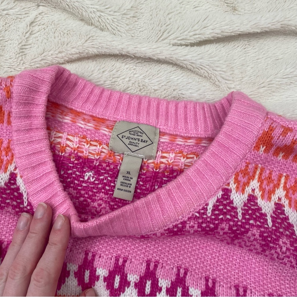 St John's Bay Fair Isle Geometric Crewneck Sweater pink/orange Sz XL - Picture 5 of 7